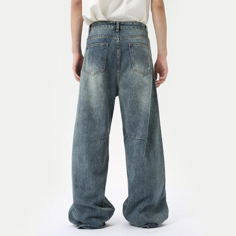 Men's Relaxed Wide Leg Denim Jeans With Button Zip Closure