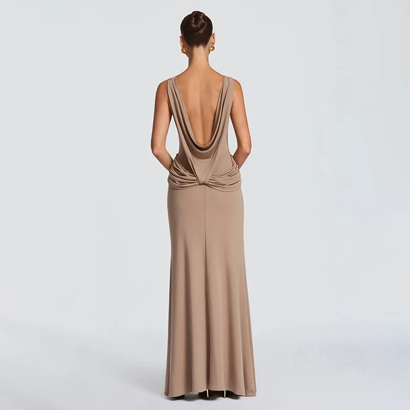Draped Back Maxi Dress With High Slit