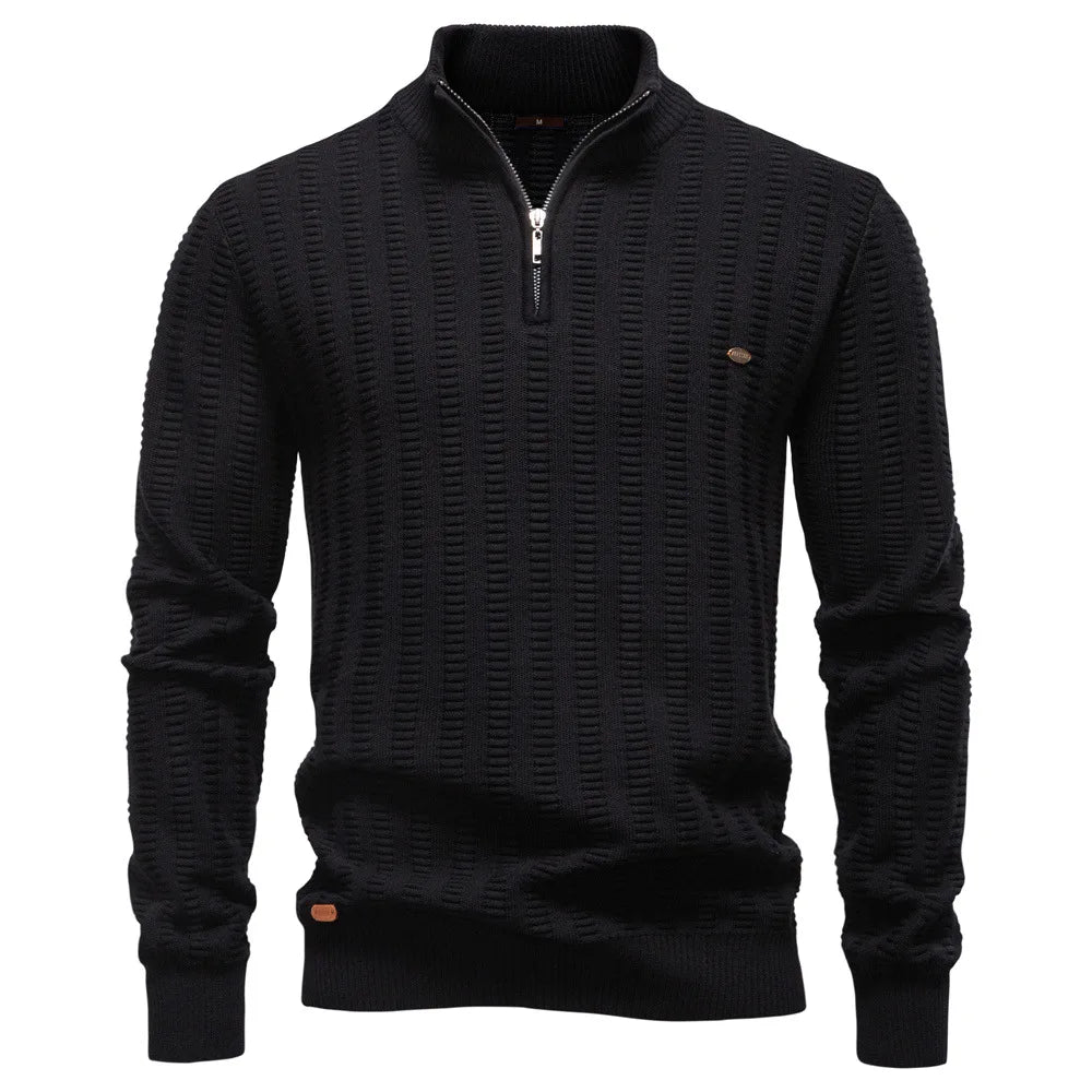 Men's Knitted Quarter-Zip Jumper – Long Sleeve High Neck Ribbed Pullover Sweater