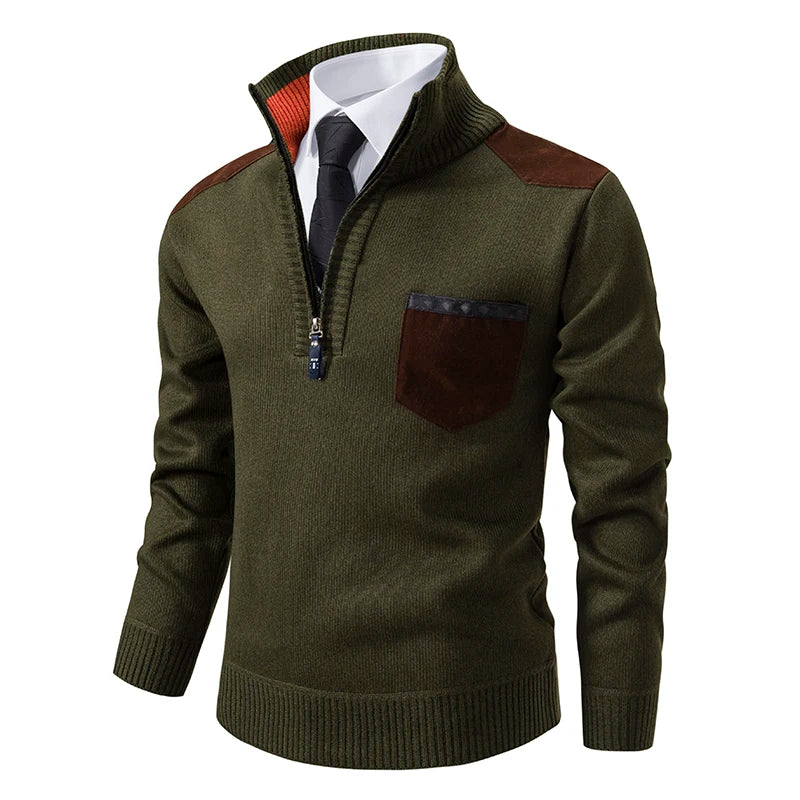 Men's Long Sleeve Pullover Sweater Quarter Zip Chest Pocket