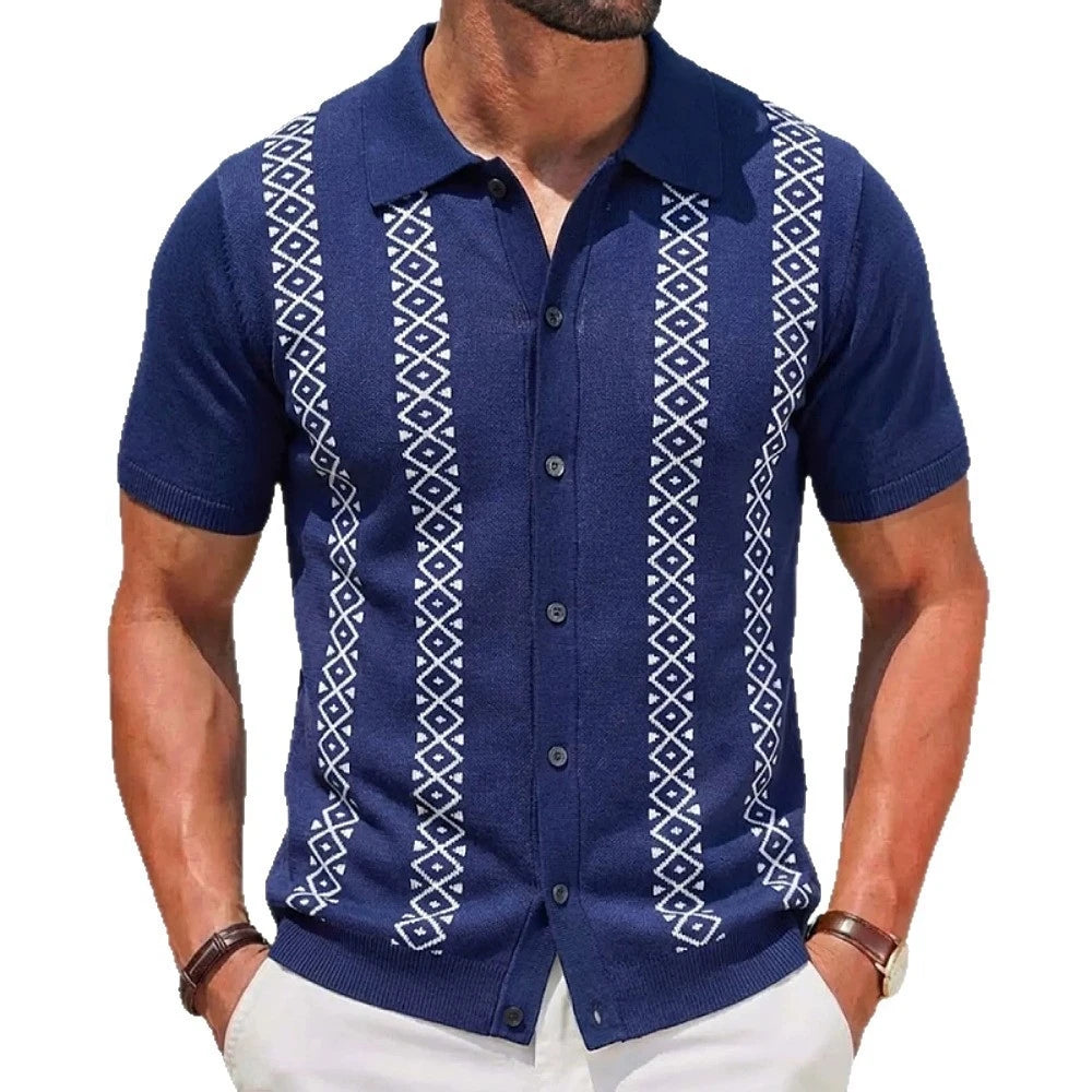Button Front Patterned Polo Knit Top