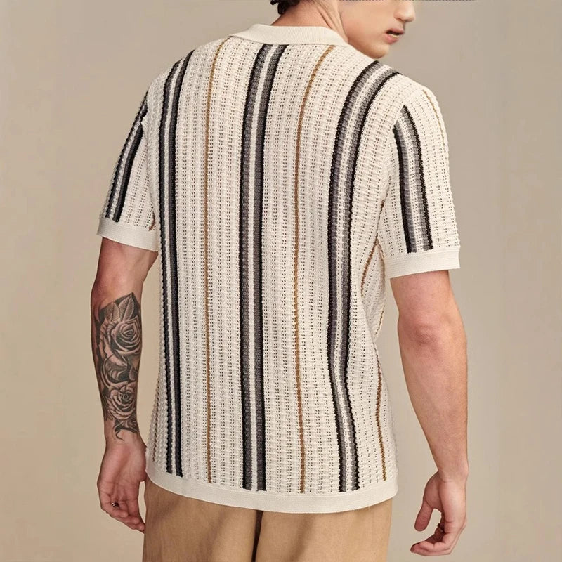 Button Through Vertical Stripe Knit Shirt