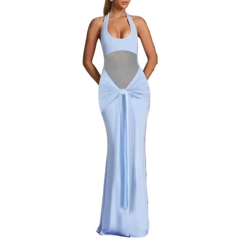 Ruched Halter Maxi Dress With Open Back
