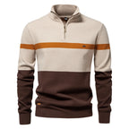 Men's Knitted Quarter-Zip Jumper with High Neck and Striped Colour-Block Design