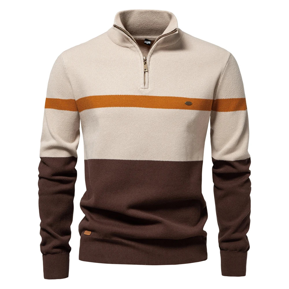 Men's Knitted Quarter-Zip Jumper with High Neck and Striped Colour-Block Design