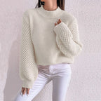 Women's Knitted Jumper – Crew Neck Long Sleeve Sweater with Textured Knit Design