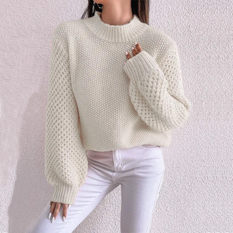 Women's Knitted Jumper – Crew Neck Long Sleeve Sweater with Textured Knit Design