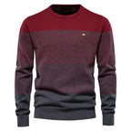Men's Knitted Crew Neck Jumper – Long Sleeve Striped Sweater with Ribbed Cuffs and Hem