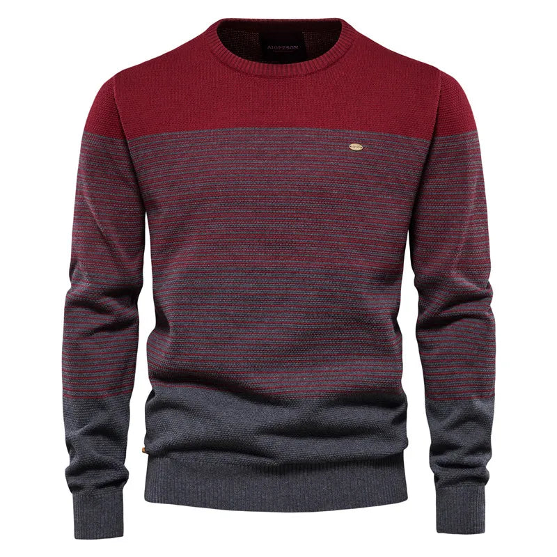 Men's Knitted Crew Neck Jumper – Long Sleeve Striped Sweater with Ribbed Cuffs and Hem