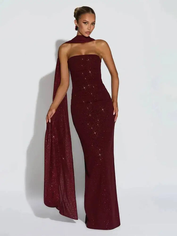 Women's Matching Scarf Strapless Long Dress