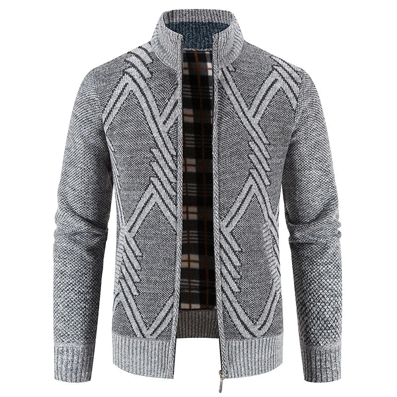 Men's Zip Up Sweater Stand Collar Patterned Knit Jacket