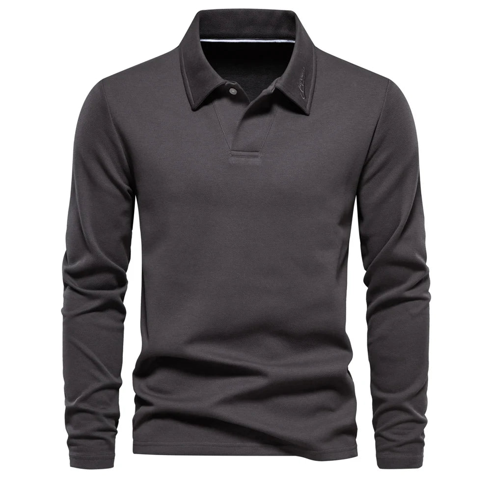 Men's Classic Collared Long Sleeve Polo Shirt with Straight Hem