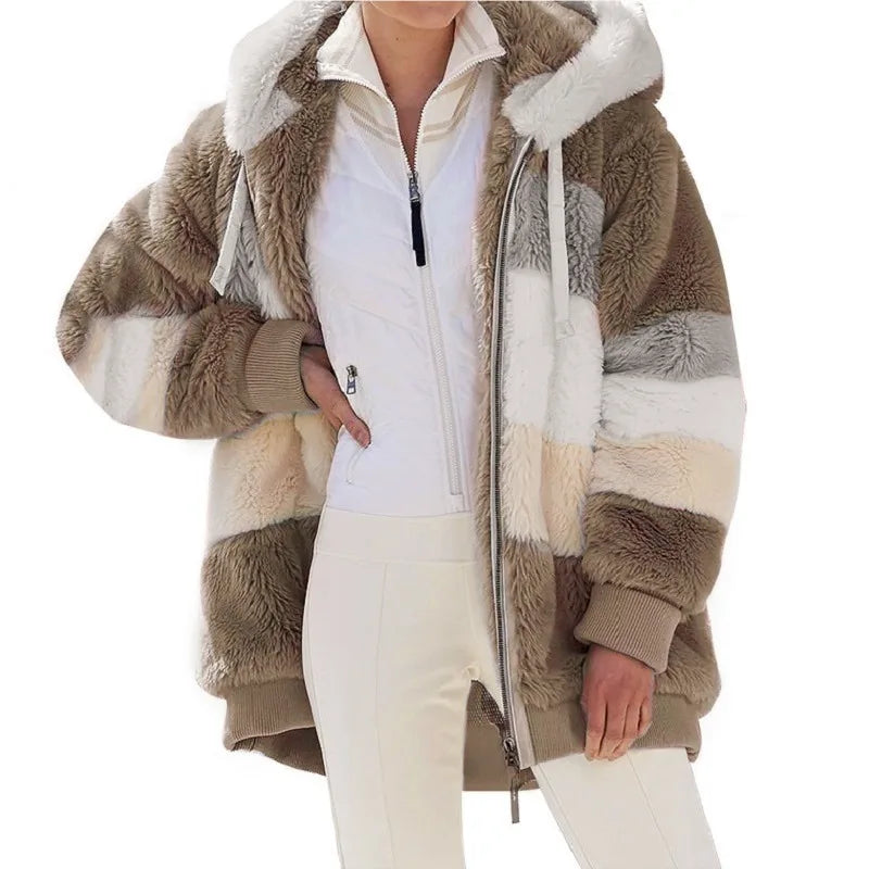 Women's Teddy Fleece Hooded Jacket – Zip Front Long Sleeve Winter Coat with Pockets