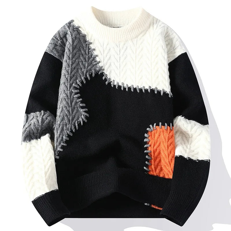 Men's Colour Block Knit Jumper with Crew Neck Patchwork