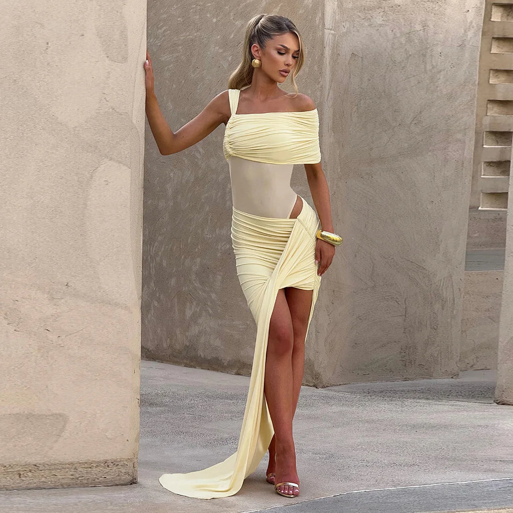 One Shoulder Ruched Maxi Dress With Drape