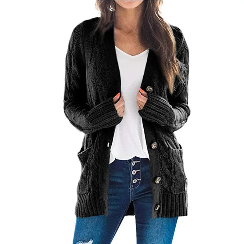 Women's Cable Knit Cardigan – Longline V Neck Button Front Sweater with Pockets
