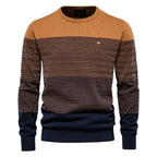 Men's Knitted Crew Neck Jumper – Long Sleeve Striped Sweater with Ribbed Cuffs and Hem