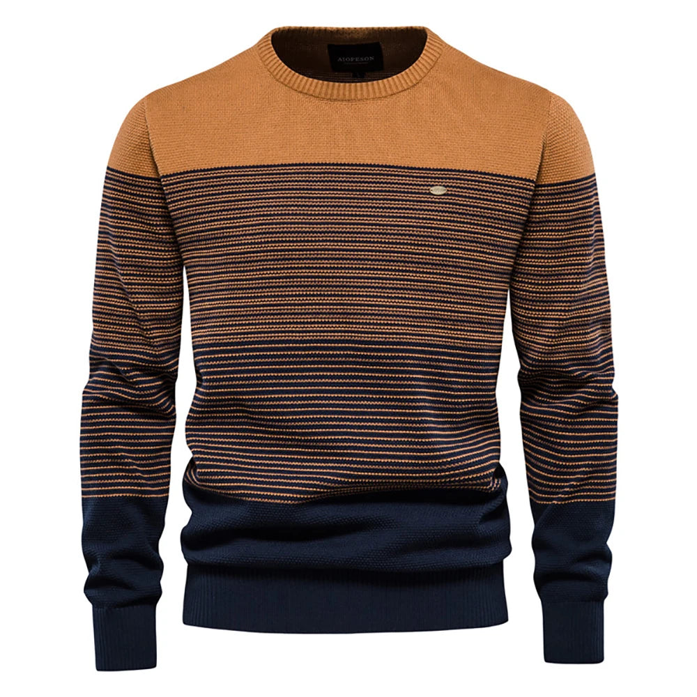 Men's Knitted Crew Neck Jumper – Long Sleeve Striped Sweater with Ribbed Cuffs and Hem