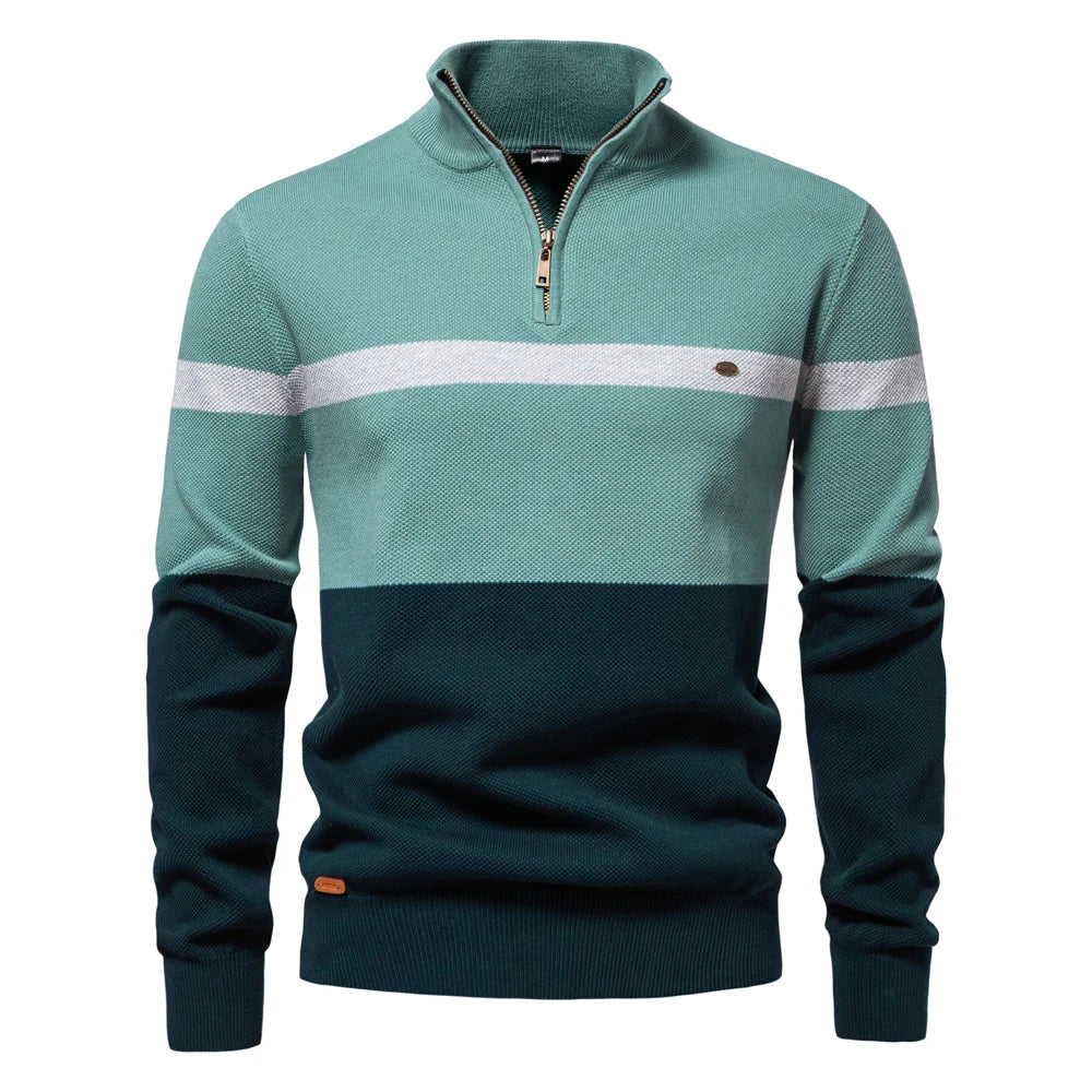 Men's Knitted Quarter-Zip Jumper with High Neck and Striped Colour-Block Design