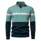 Men's Knitted Quarter-Zip Jumper with High Neck and Striped Colour-Block Design