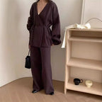 Women's Knitted Two Piece Set – V Neck Wrap Cardigan and Wide Leg Trousers