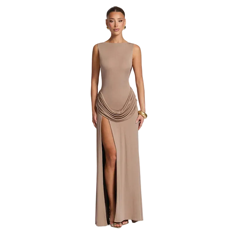 Draped Back Maxi Dress With High Slit
