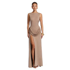 Draped Back Maxi Dress With High Slit
