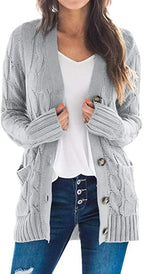 Women's Cable Knit Cardigan – Longline V Neck Button Front Sweater with Pockets