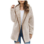 Women's Longline Teddy Fleece Coat – Open Front Jacket with Lapel Collar and Pockets