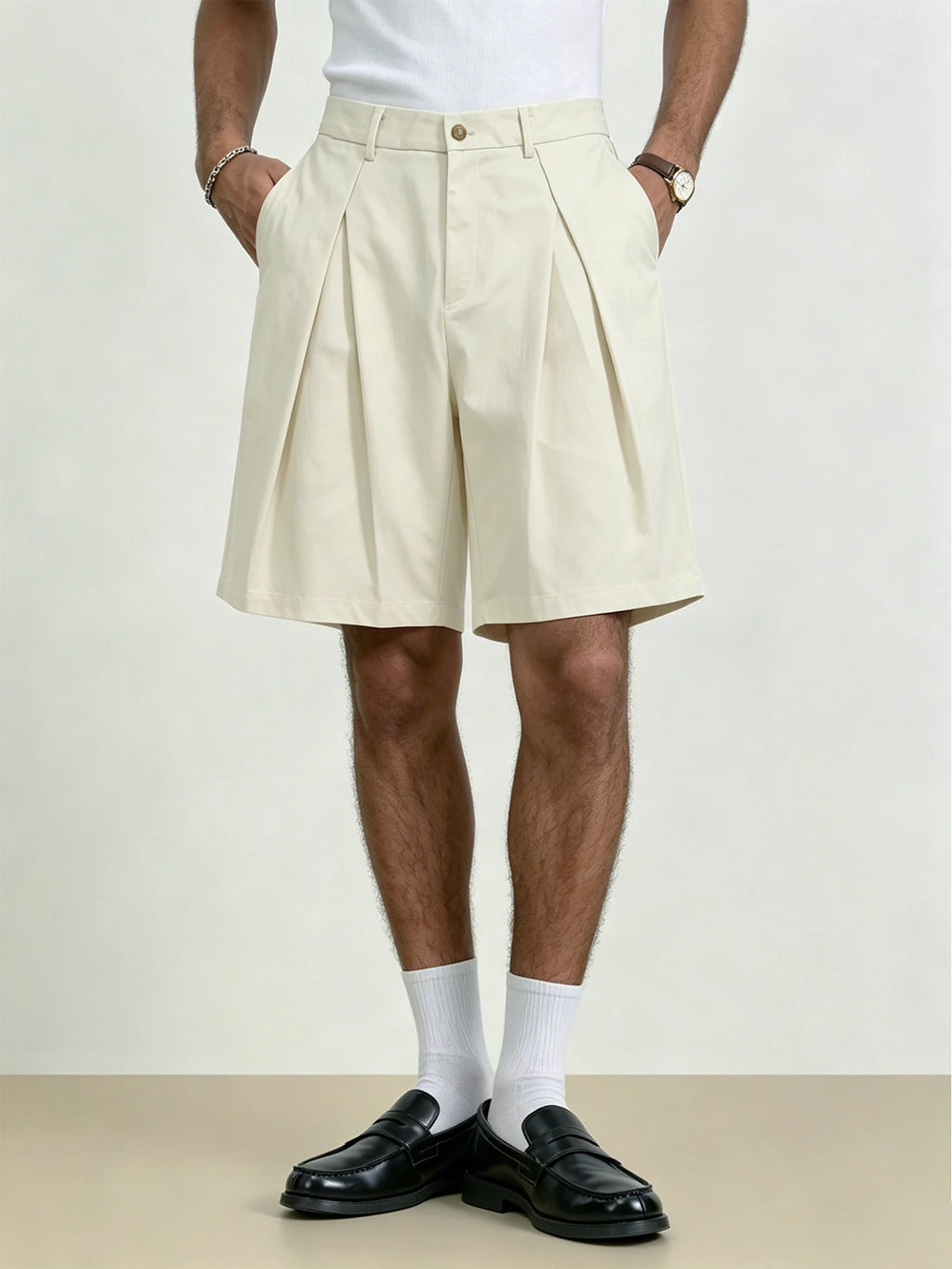 Men's Wide Leg Pleated Bermuda Shorts