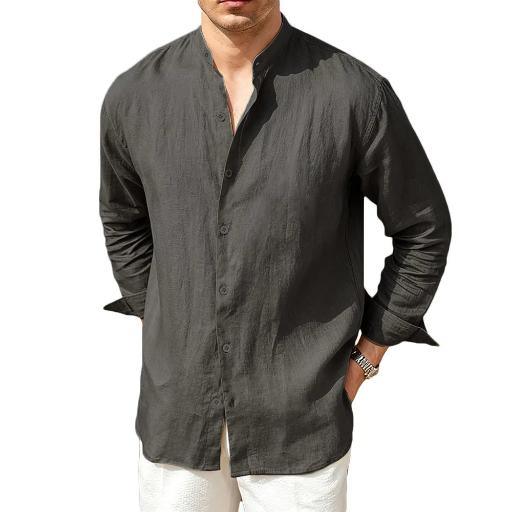 Men's Linen Button Front Mandarin Collar Shirt