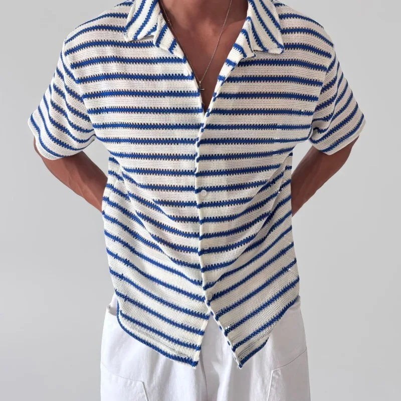 Mens Striped Camp Collar Top Shirt