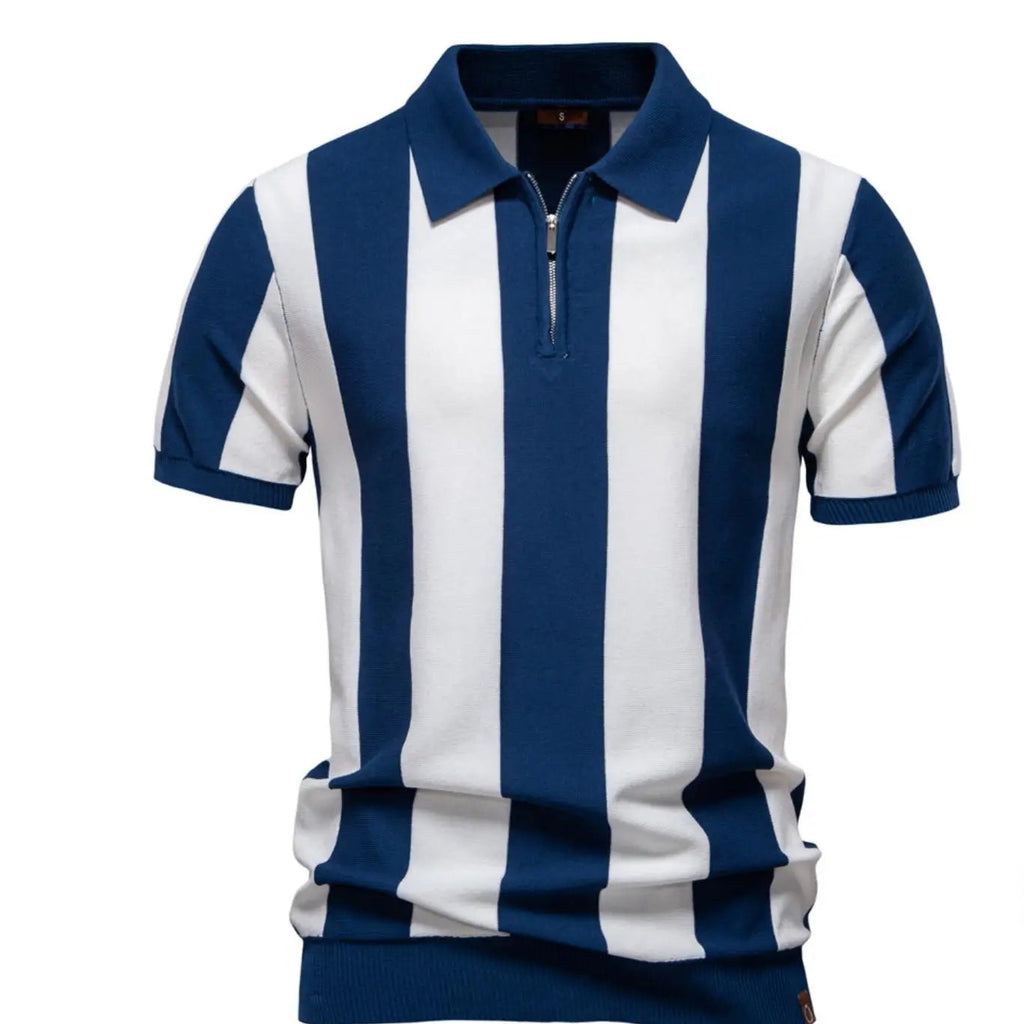 Men's Short Sleeve Striped Polo Shirt with Quarter Zip Collar