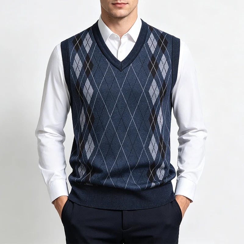 Men's Argyle Knit Gilet with V Neck Diamond Design