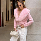 Women's Knitted Cardigan with Oversized Furry Collar – Long Sleeve Button Front Sweater