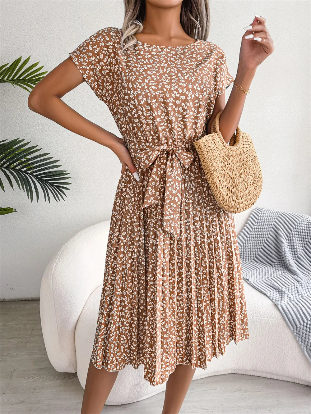 Women's Smocked Waist Printed Midi Swing Dress