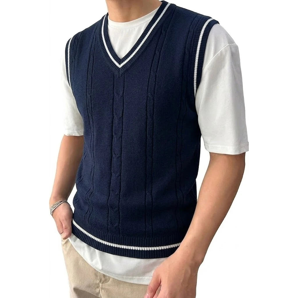 Men's Cable Knit Gilet with V Neck and Ribbed Trims