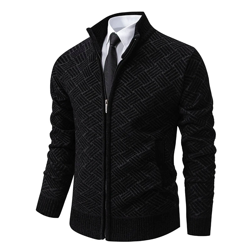 Men's Knitted Zip Cardigan – Long Sleeve Stand Collar Sweater with Geometric Pattern