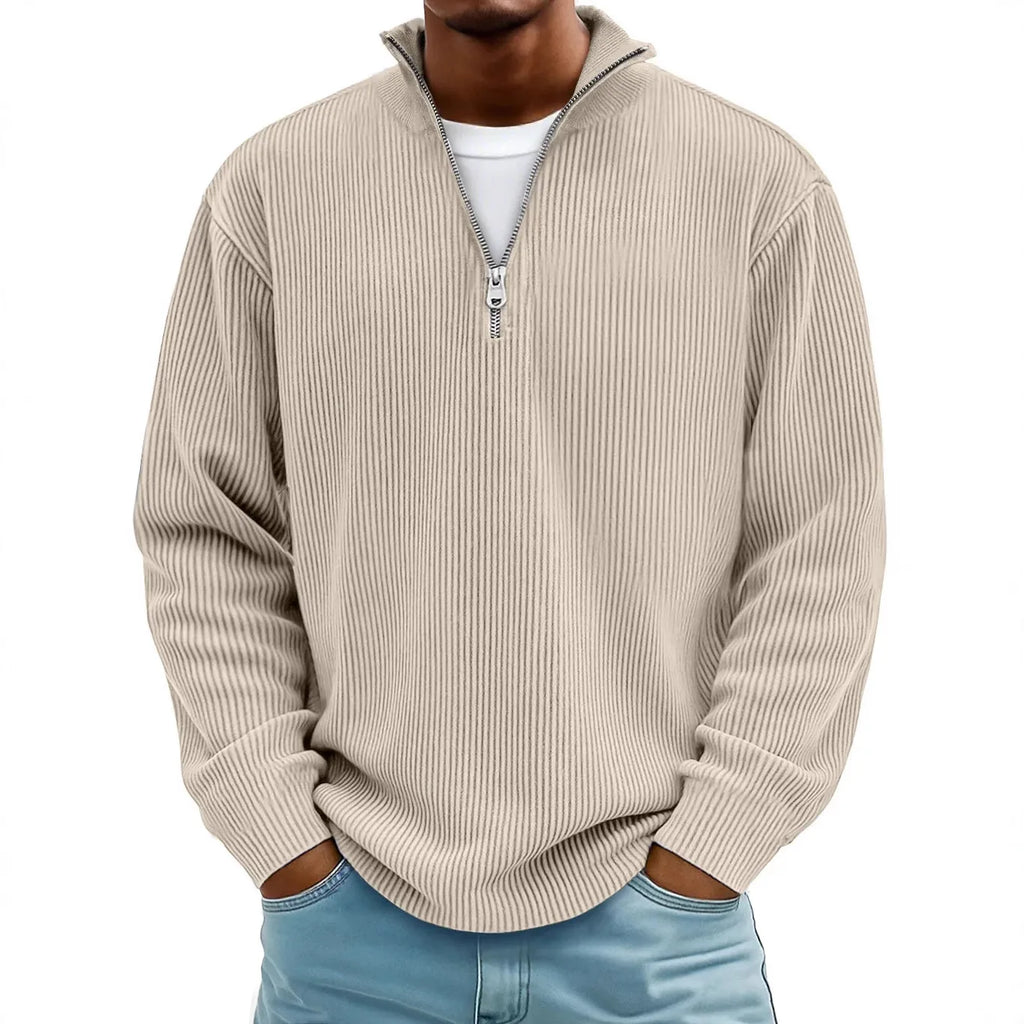 Men's Quarter Zip Ribbed Jumper with Stand Collar
