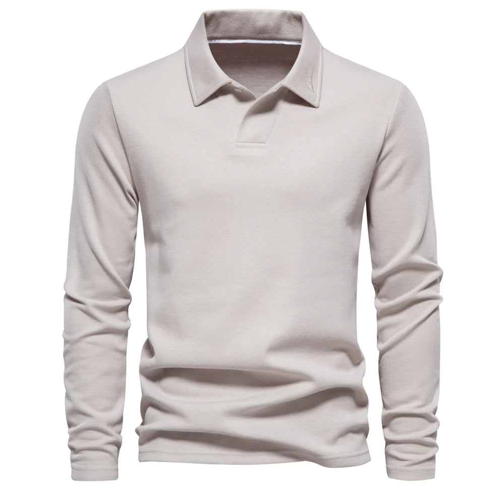 Men's Classic Collared Long Sleeve Polo Shirt with Straight Hem