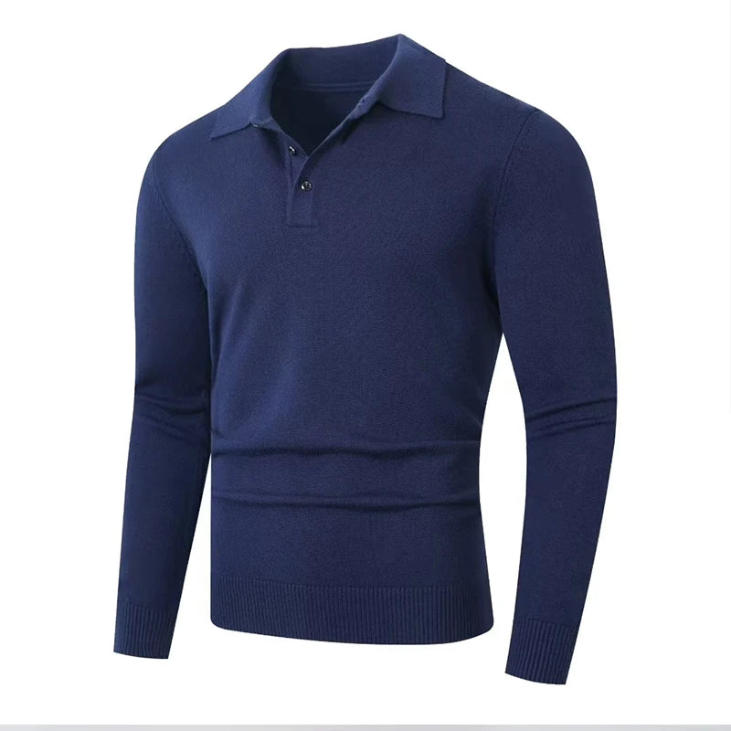 Men's Knitted Polo Jumper with Long Sleeves Ribbed Hem