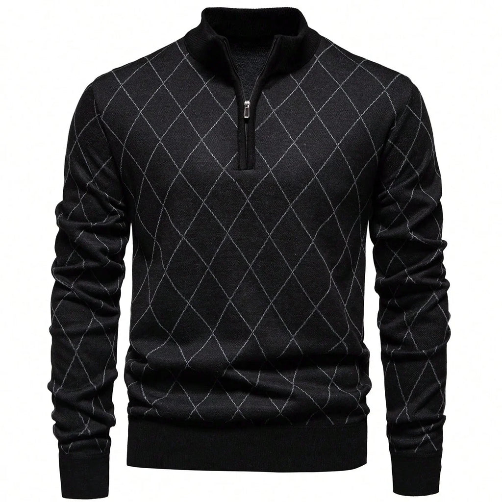 Men's Diamond Knit Sweater Quarter Zip Stand Collar