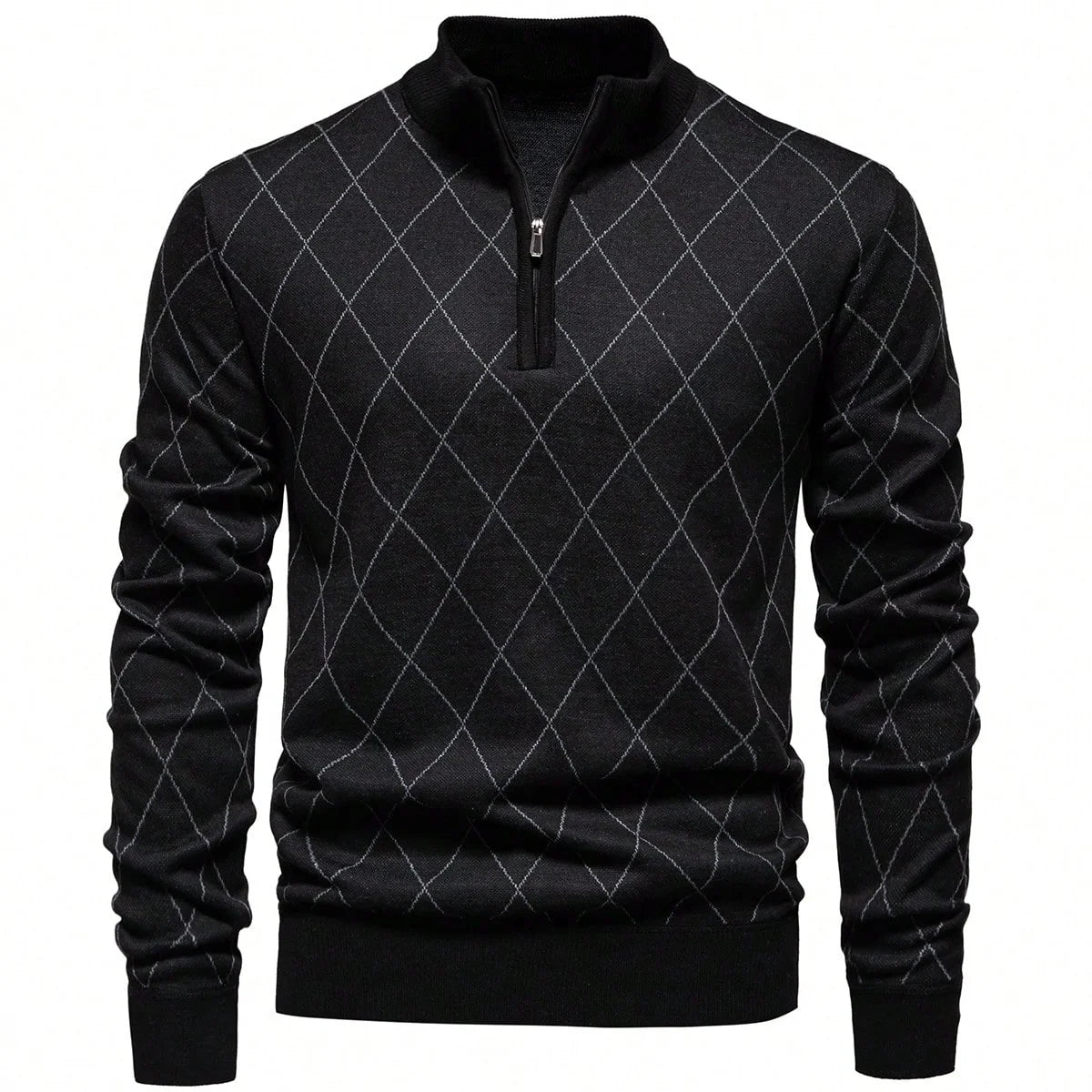 Men's Diamond Knit Sweater Quarter Zip Stand Collar