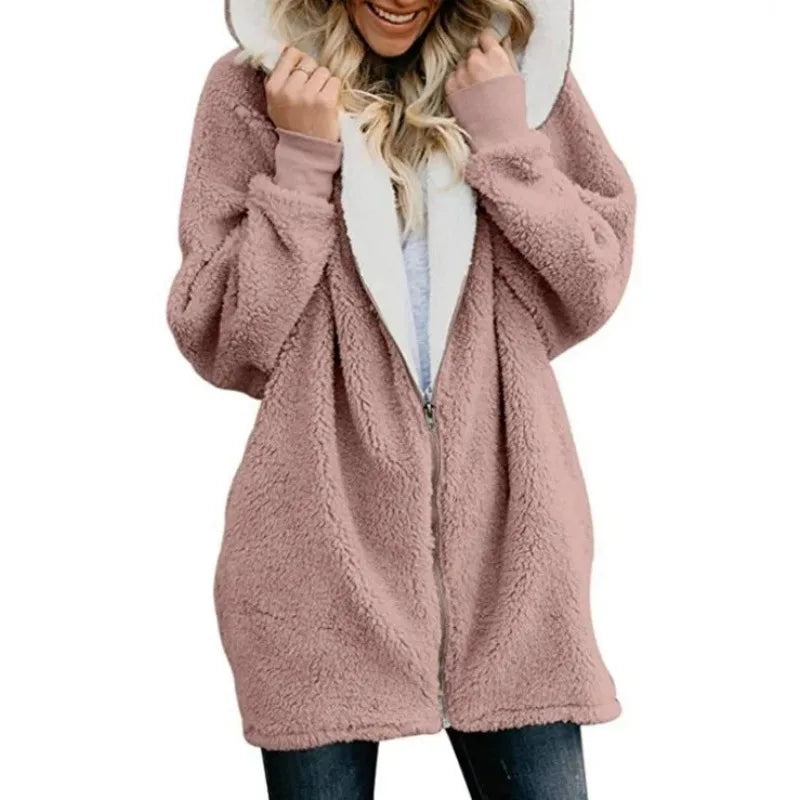 Women's Fleece Hooded Jacket – Longline Full Zip Warm Winter Coat Main image