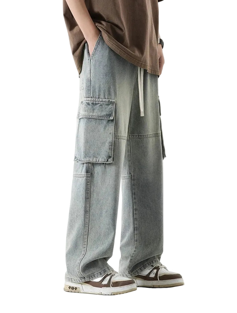 Baggy Cargo Denim Pants With Drawstring