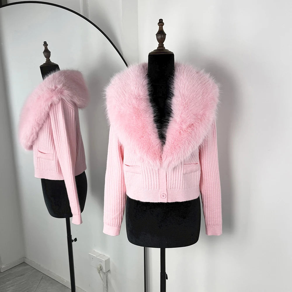 Women's Knitted Cardigan with Oversized Furry Collar – Long Sleeve Button Front Sweater