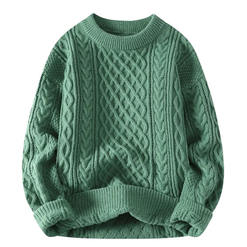 Men's Cable Knit Jumper with Crew Neck and Ribbed Trims
