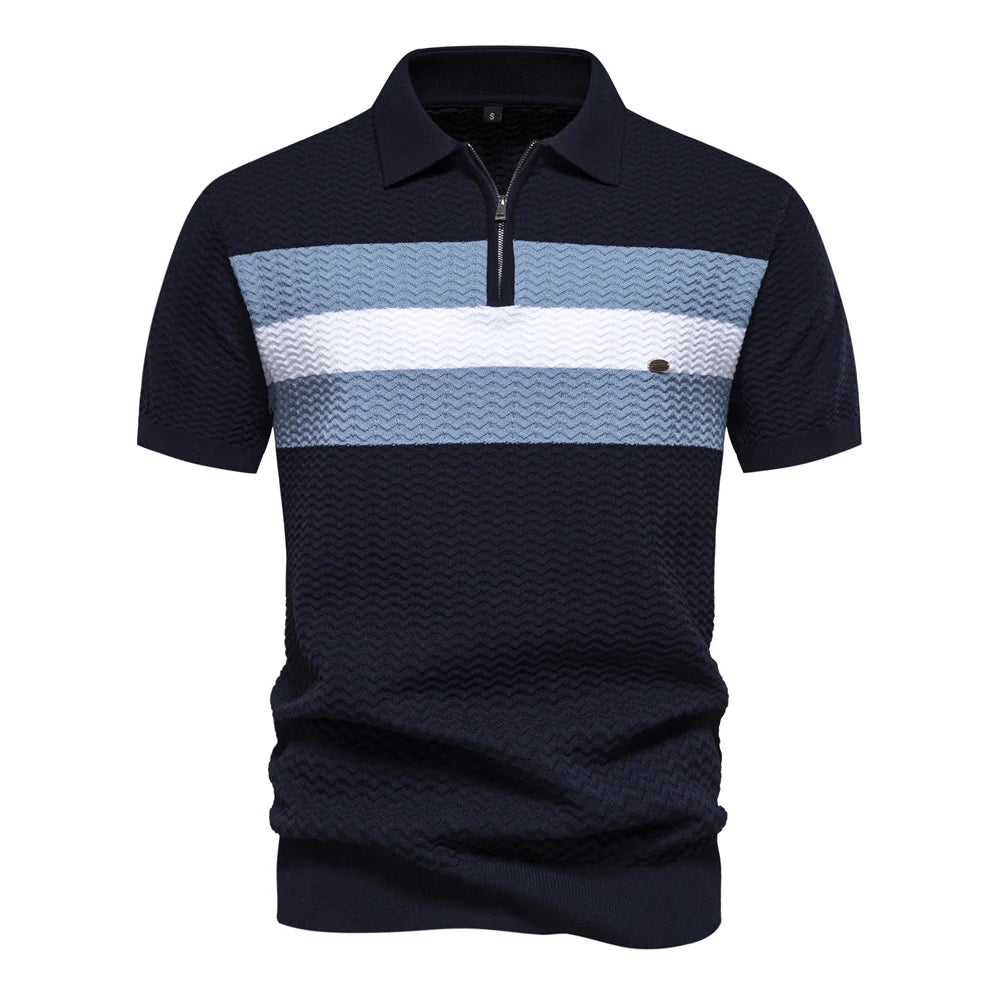 Men's Chest Stripe Polo Shirt with Short Sleeves and Zip Neck