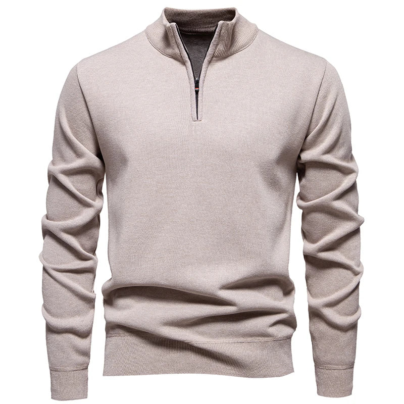 Men's Quarter Zip Knitted Jumper with Stand Collar Ribbed Cuffs
