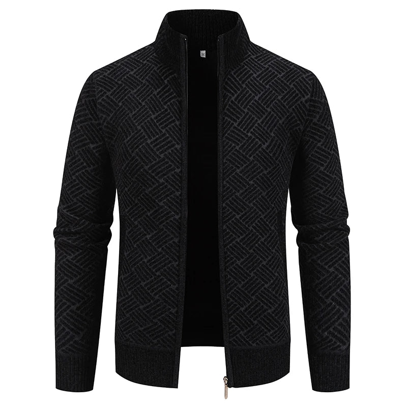 Men's Knitted Zip Cardigan – Long Sleeve Stand Collar Sweater with Geometric Pattern